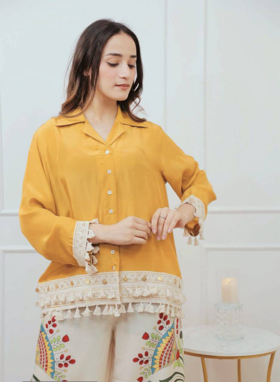 Branded Rayon Banzaran Yellow A-Cut Top With Digital Print Plazo Set