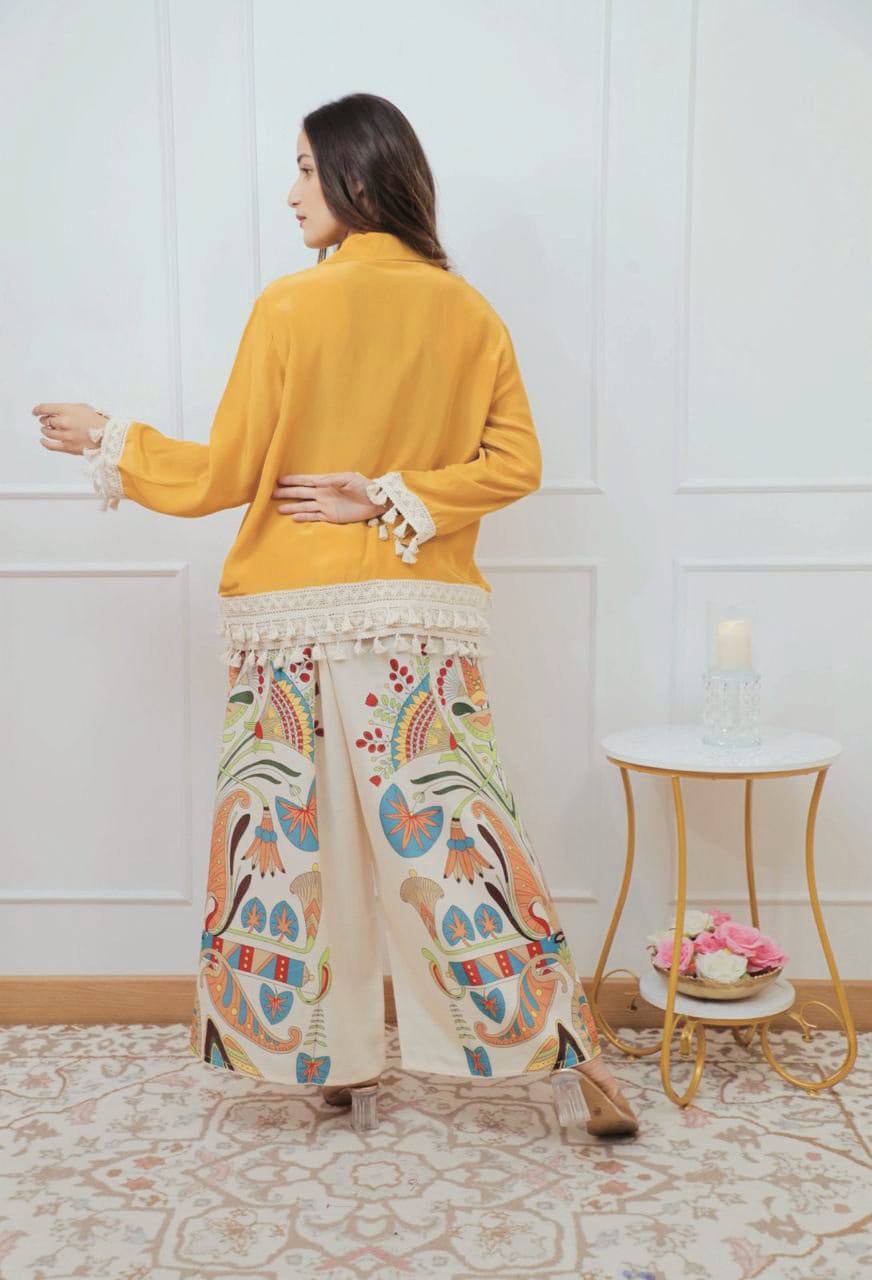 Branded Rayon Banzaran Yellow A-Cut Top With Digital Print Plazo Set