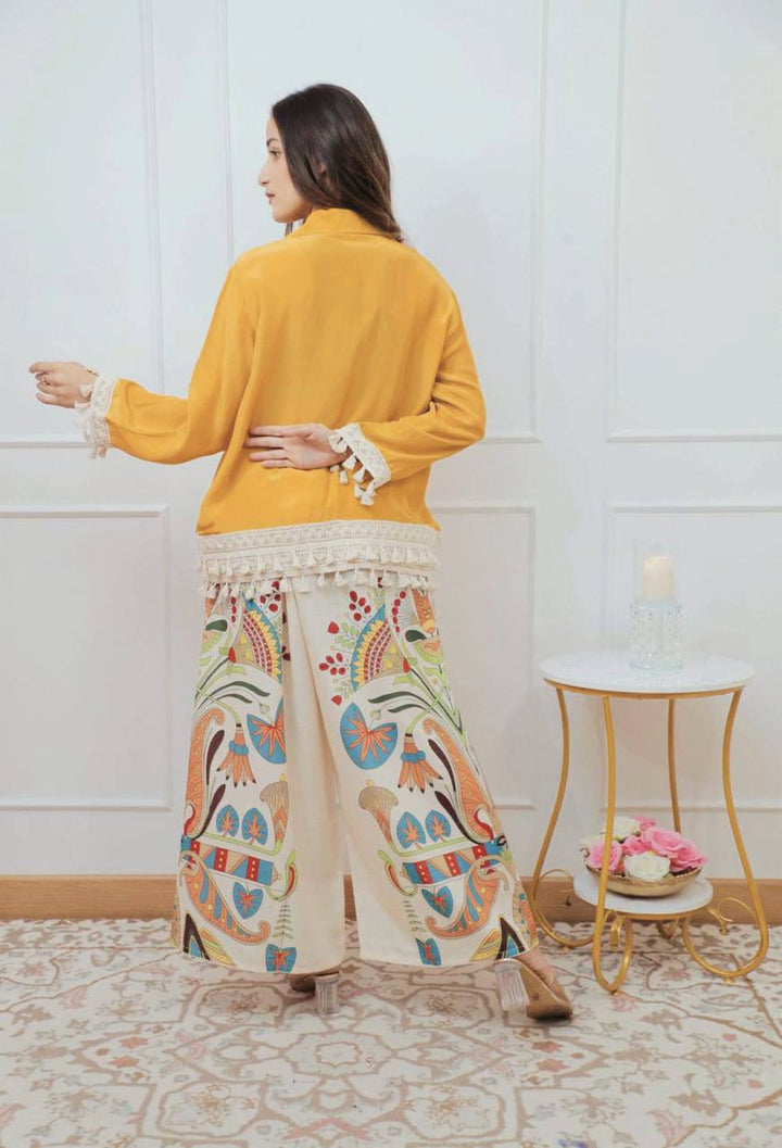 Branded Rayon Banzaran Yellow A-Cut Top With Digital Print Plazo Set