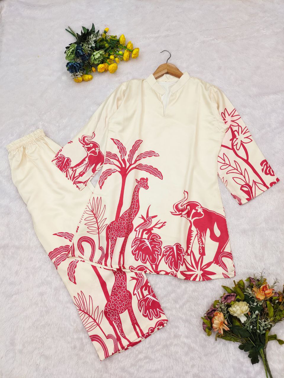 🤍 Premium  Banzaran Malai Satin Silk Co-Ord Set | Elegant Digital Print 🤍