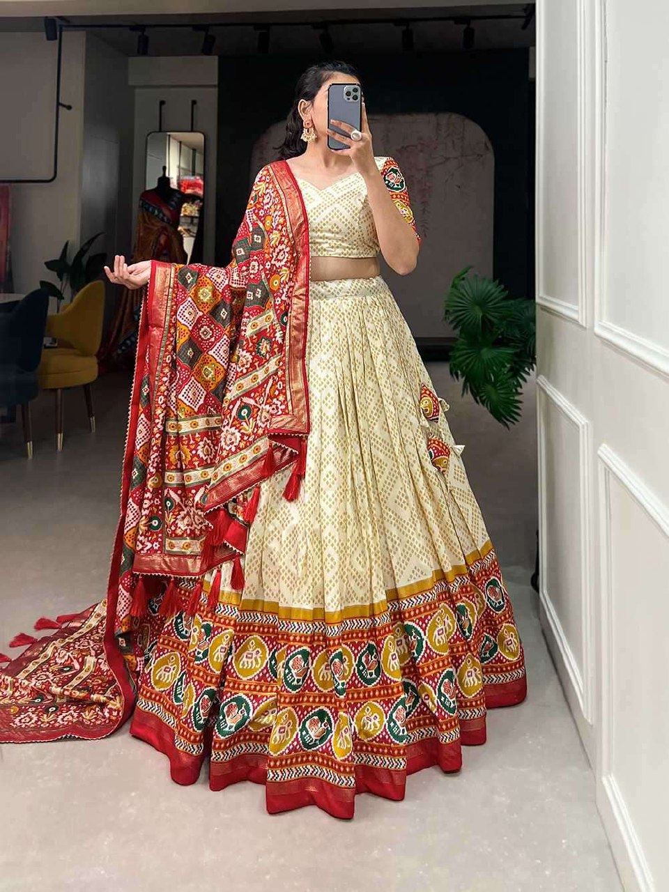 Floral Foil Printed Mirror Tussar Silk Lehenga Choli Set