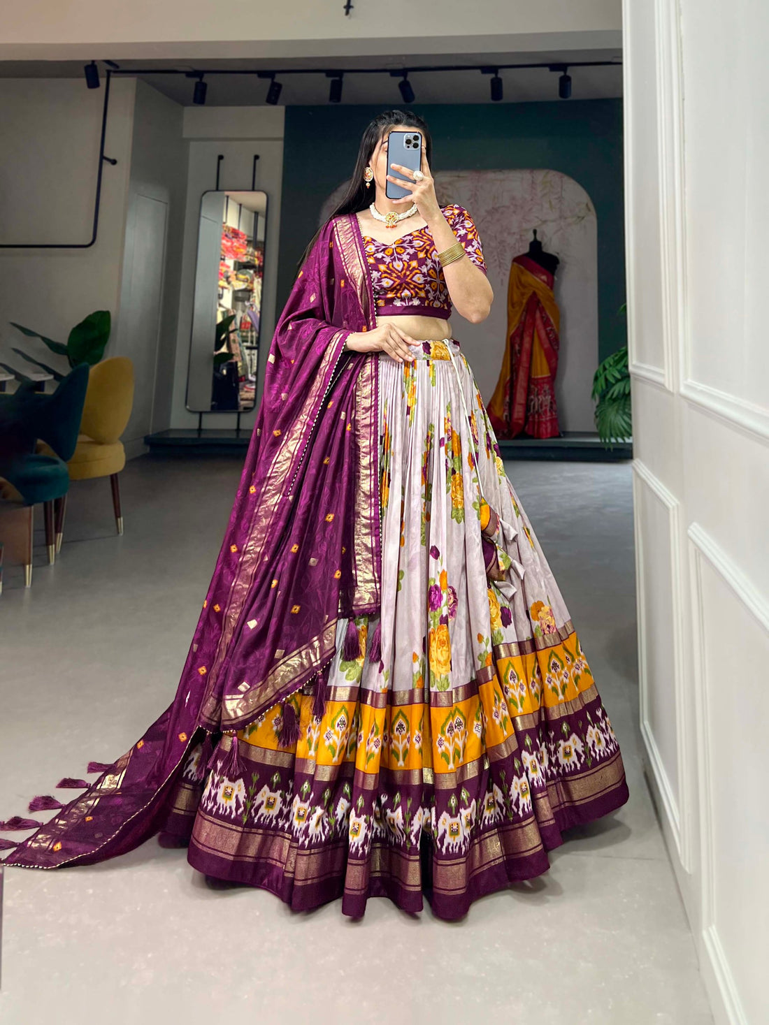 Floral Foil Print Tussar Silk Lehenga Choli – Banzaran Collection
