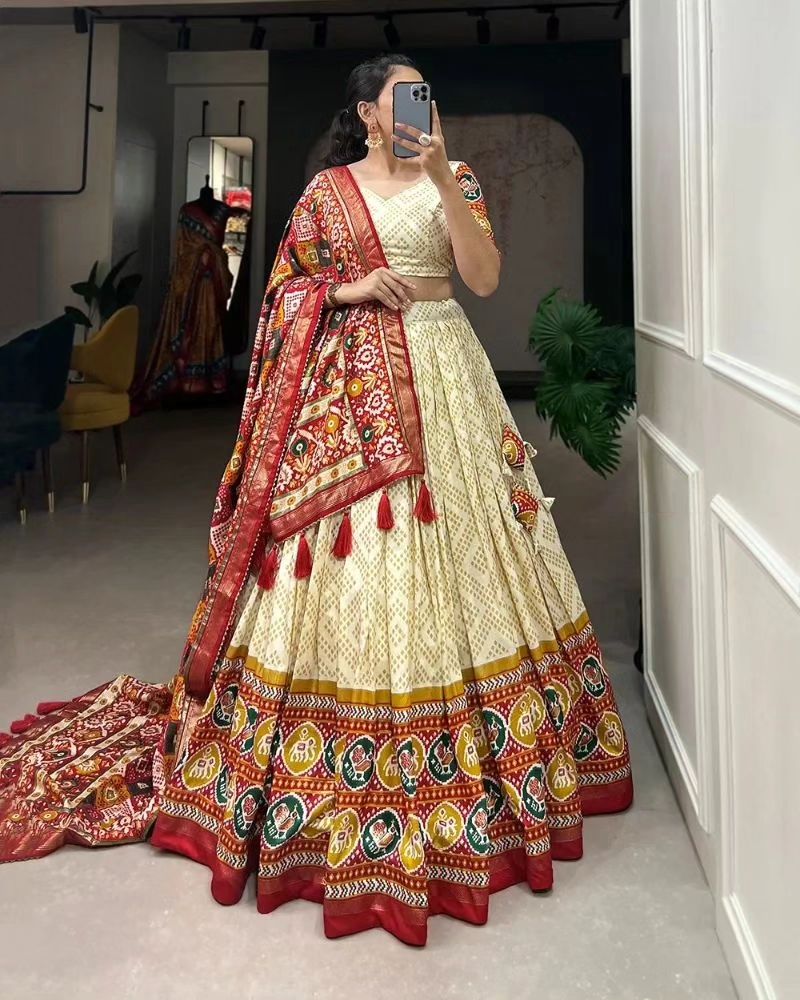 Floral Foil Printed Mirror Tussar Silk Lehenga Choli Set
