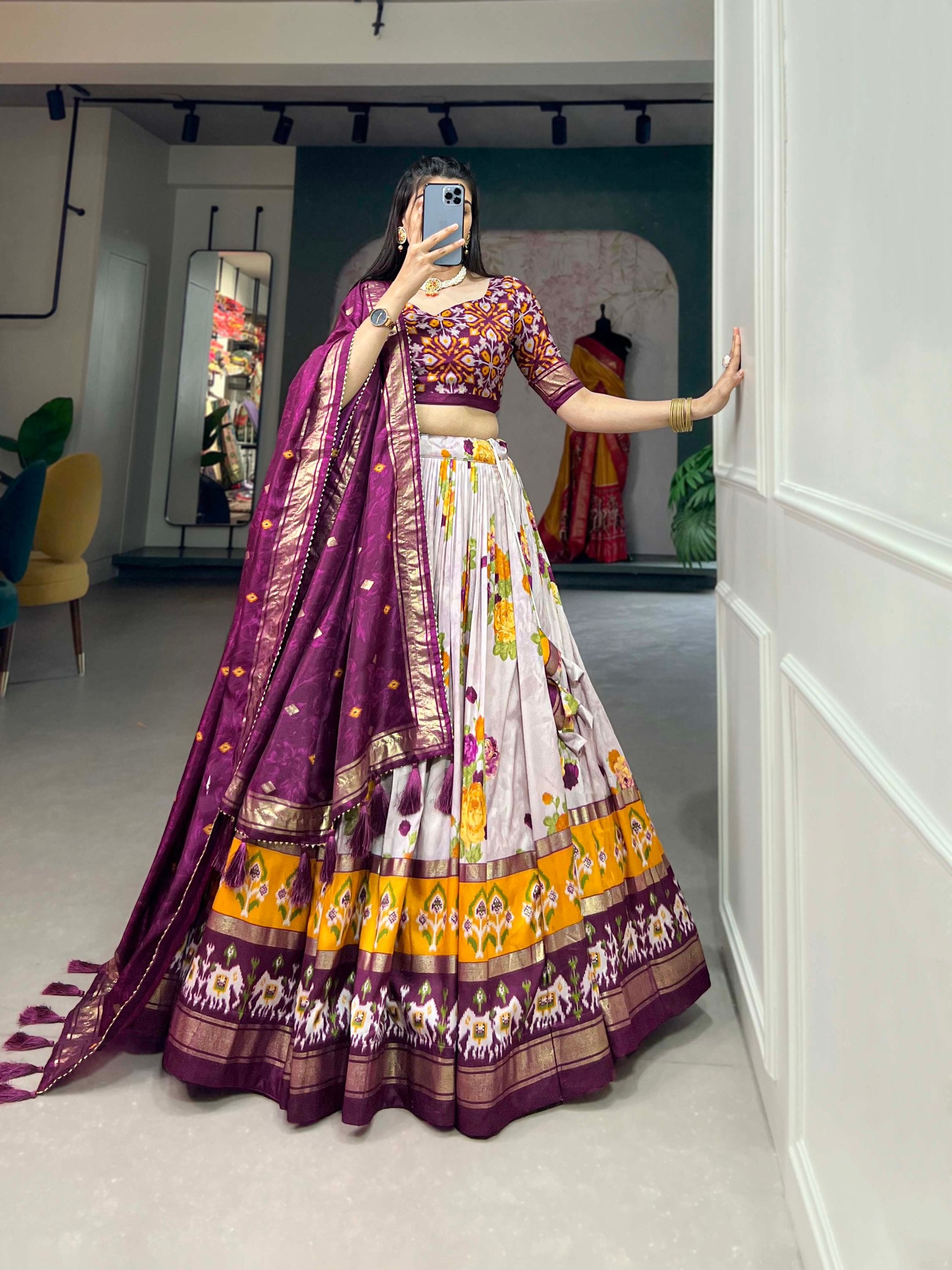 Floral Foil Print Tussar Silk Lehenga Choli – Banzaran Collection