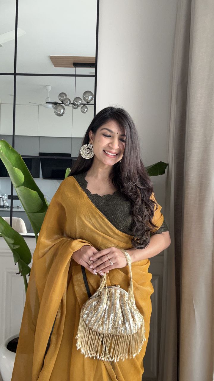 Premium Banzaran Gold Coin Fabric Saree With Heavy Zalar, Designer Pattern & Georgette Blouse