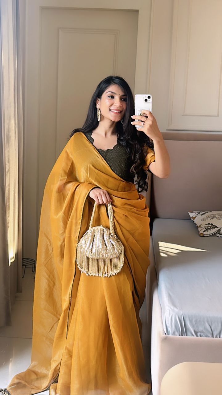 Premium Banzaran Gold Coin Fabric Saree With Heavy Zalar, Designer Pattern & Georgette Blouse