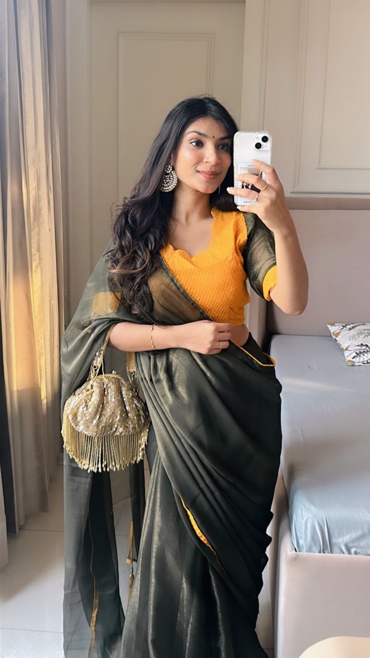 Premium Banzaran Gold Coin Fabric Saree With Heavy Zalar, Designer Pattern & Georgette Blouse