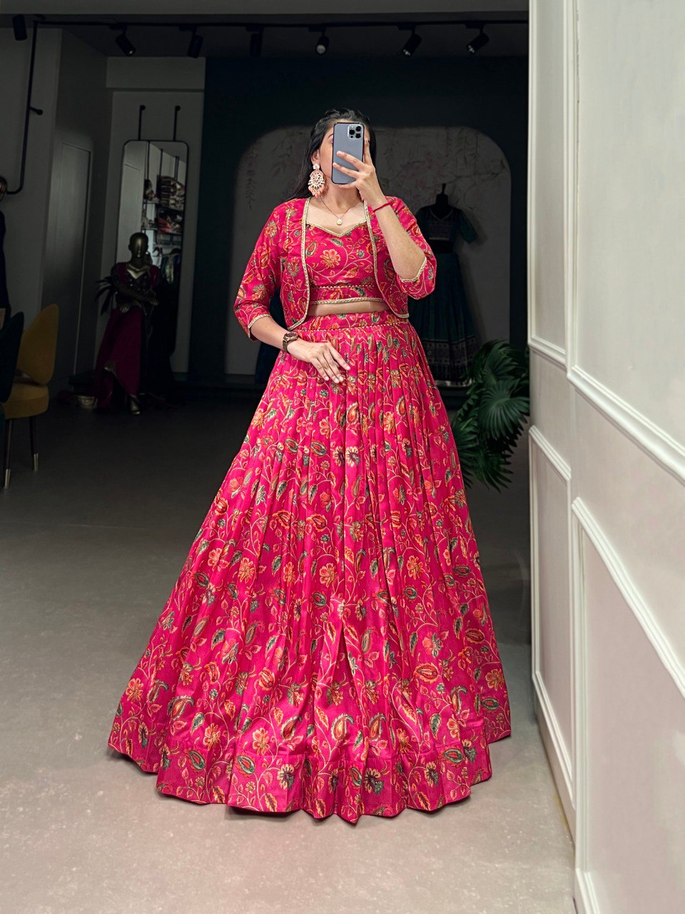 Tasar Silk Floral Print Lehenga with Blouse & Koti Jacket – Fully Stitched & Ready to Wear