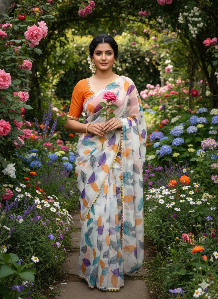 Chiffon Banzaran Soft Chiffon Saree with Floral Mill Print & Elegant Lace Border