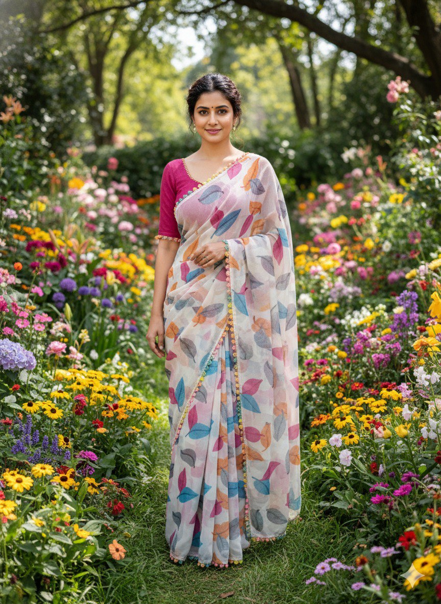 Chiffon Red  Banzaran Soft Chiffon Saree with Floral Mill Print & Elegant Lace Border