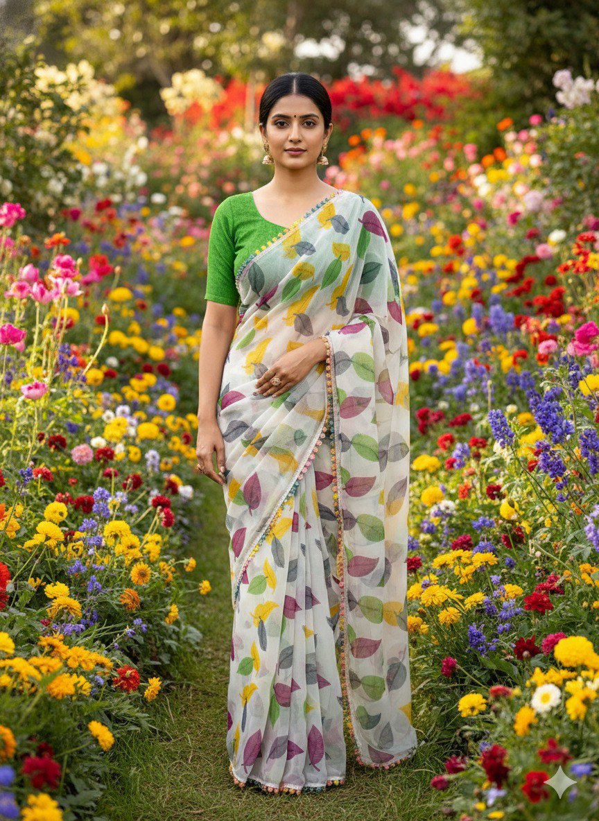 Chiffon parrot  Banzaran Soft Chiffon Saree with Floral Mill Print & Elegant Lace Border