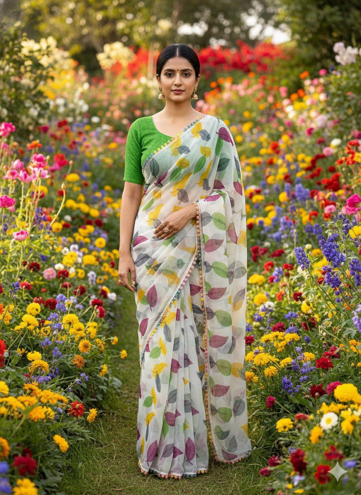 Chiffon parrot  Banzaran Soft Chiffon Saree with Floral Mill Print & Elegant Lace Border