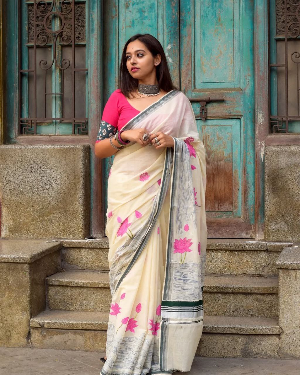 Premium Pure Banzaran Linen Cotton Saree for Women – HD Print, Wax Finish, Zalar Work