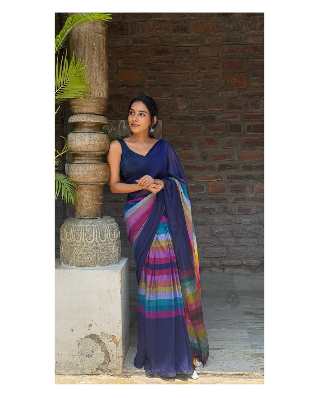 Premium Banzaran Linen Cotton Saree with HD Digital Print & Handmade Zalar Finish
