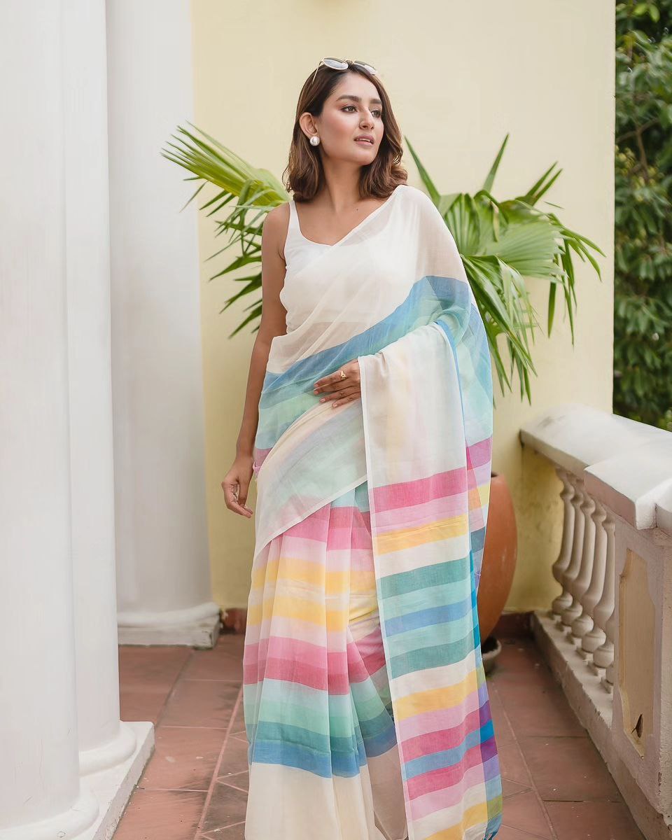 Premium Banzaran Linen Cotton Saree with HD Digital Print & Handmade Zalar Finish