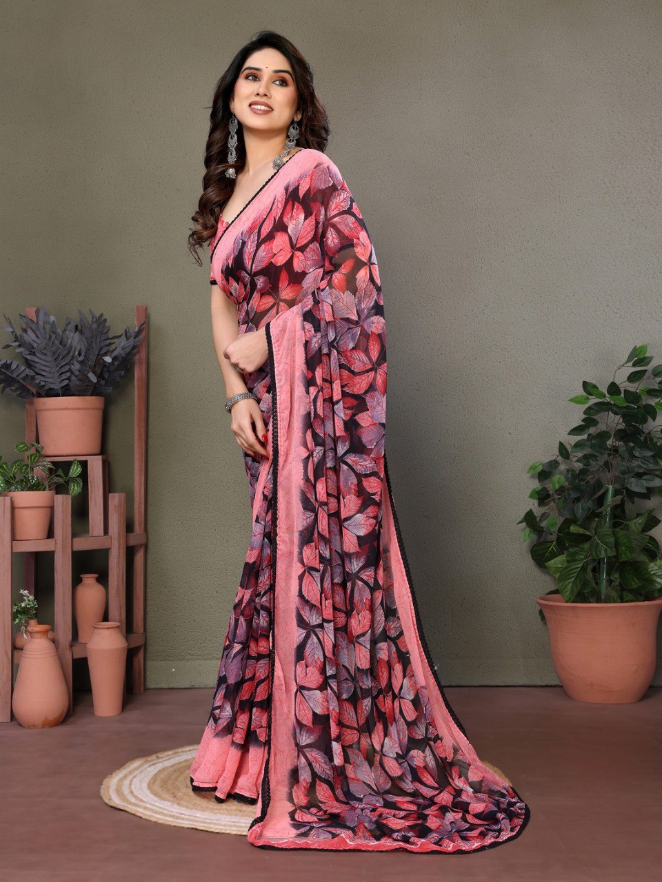 Chiffon Banzaran Floral Soft Chiffon Saree with Floral Mill Print & Elegant Lace Border