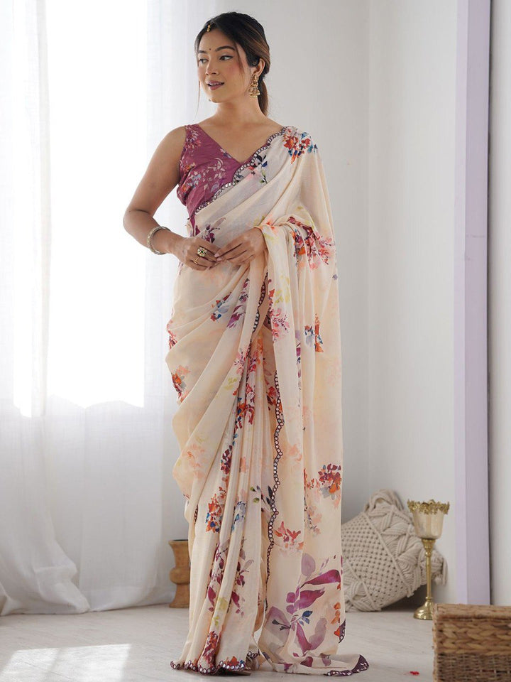 Banzaran Digital printing Mirror work With Arco Border wax finishing in saree