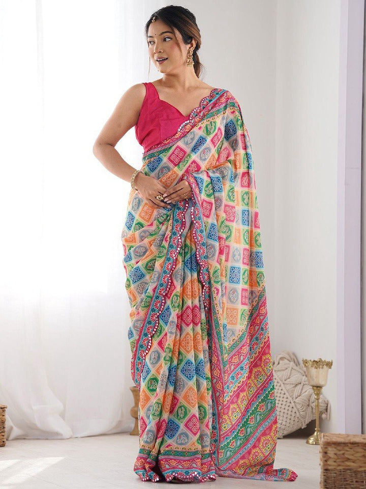Banzaran Pure Soft Georgette Digital Print Saree with Mirror Work