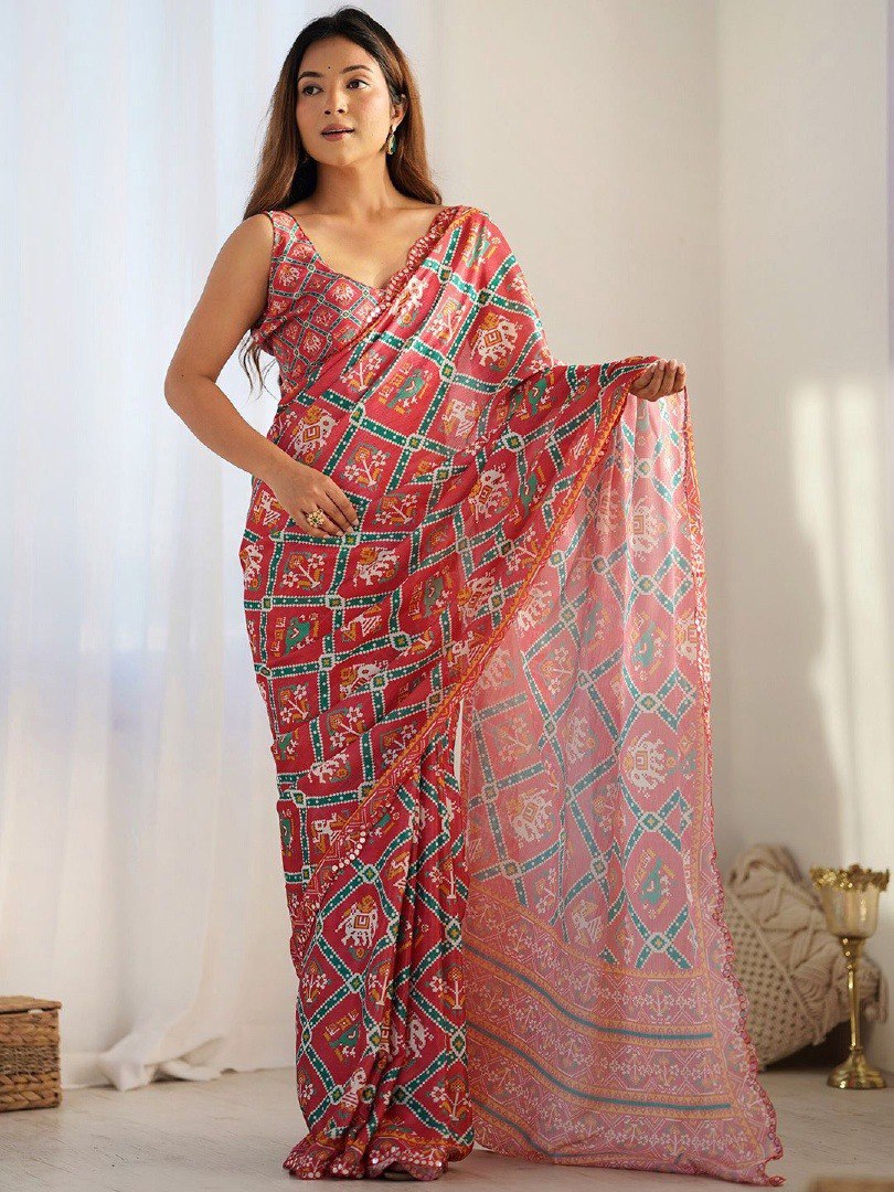 Ultra HD Ink high quality Digital printing Mirror work With Arco Border wax finishing in saree