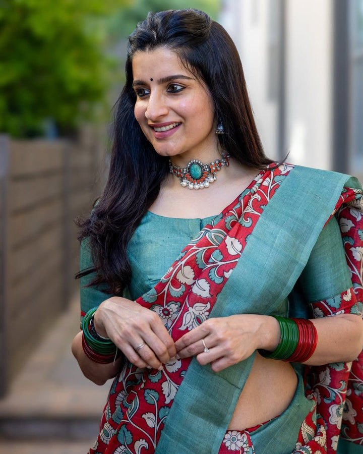 Beautiful Kalamkari Ultra HD Ink high quality Digital printing with wax finishing in saree