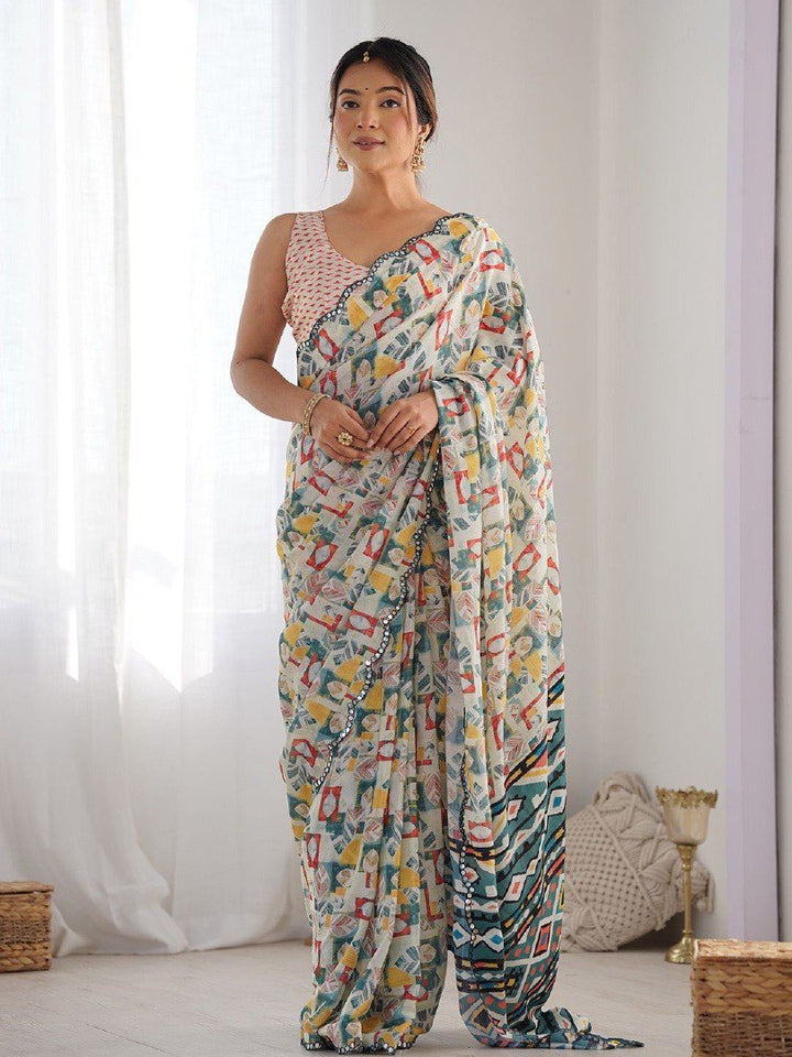 Ultra HD Ink high quality Digital printing Mirror work With Arco Border wax finishing in saree