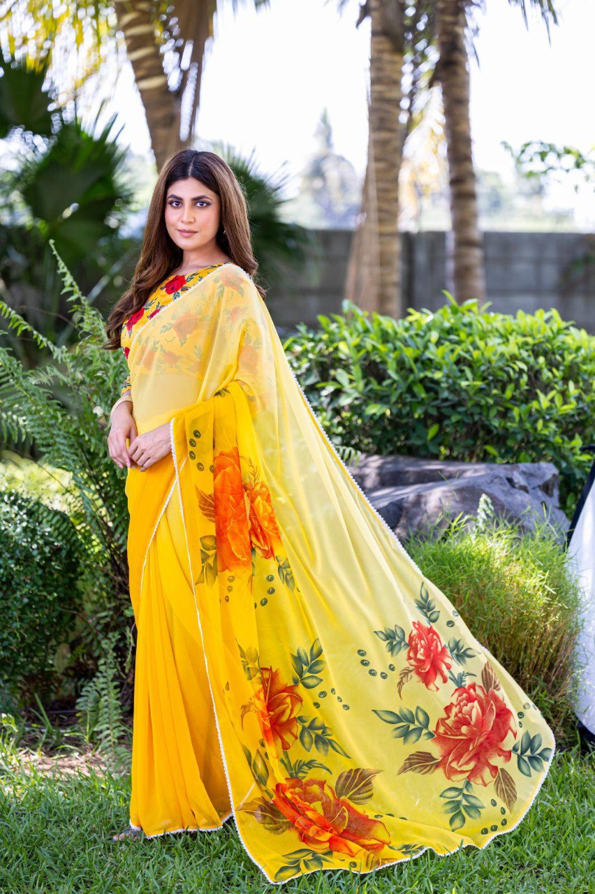 Flower Peddling High Quality Mill Printing with wax finishing in saree