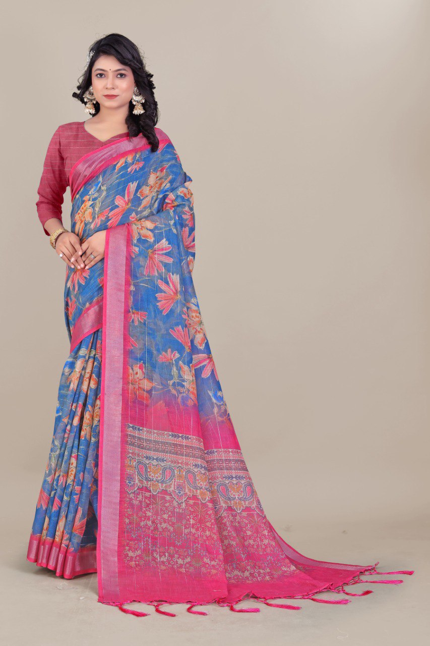 Pure Linen Cotton all Over Silver Lurex jari line with 3 × 3 Silver jari Borders