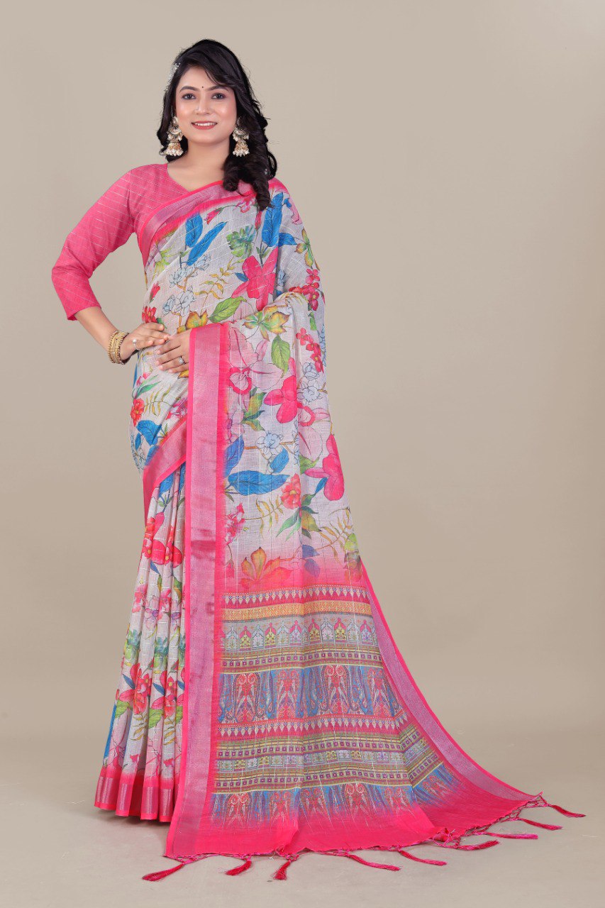 Pure Linen Cotton all Over Silver Lurex jari line with 3 × 3 Silver jari Borders