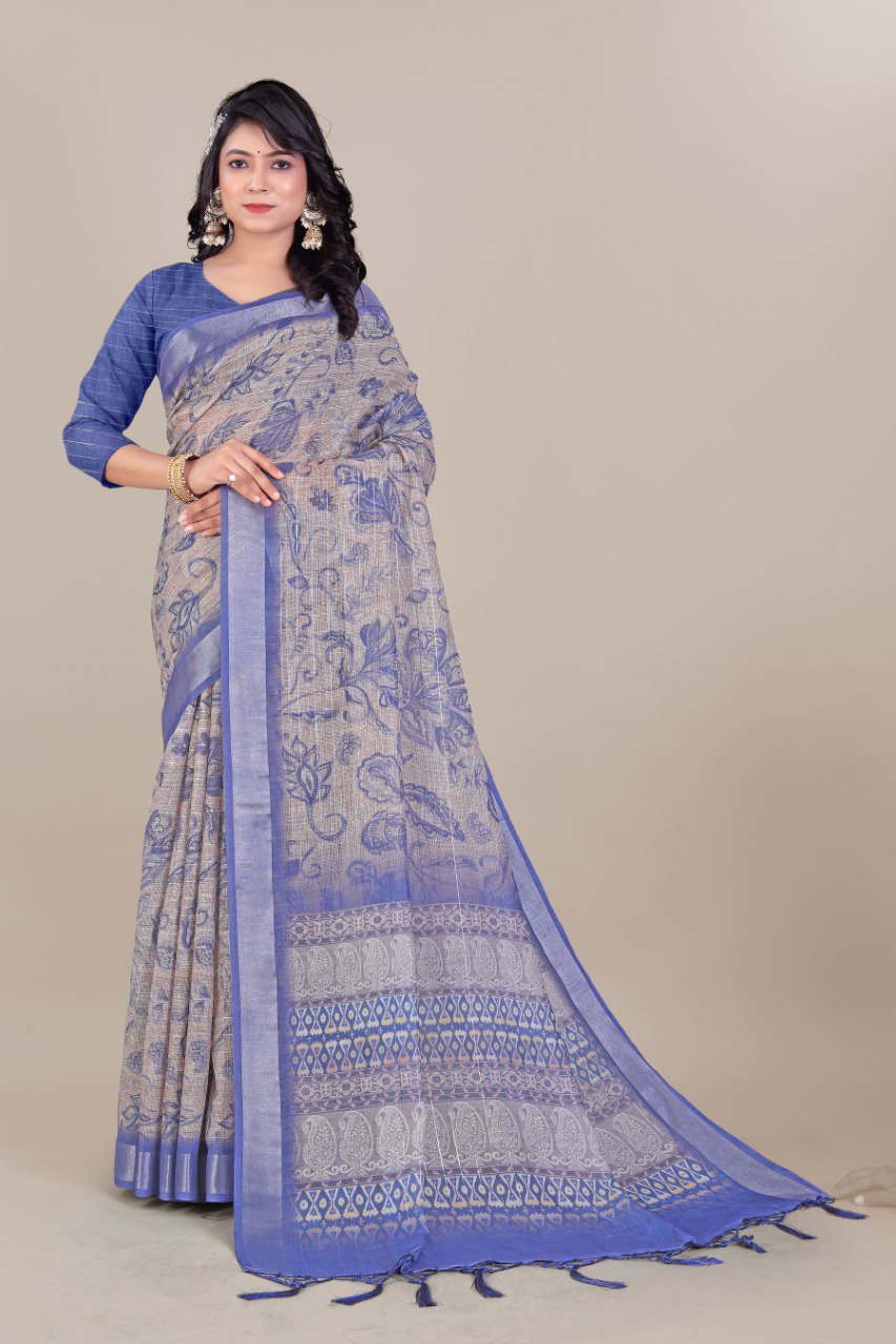 Pure Linen Cotton all Over Silver Lurex jari line with 3 × 3 Silver jari Borders