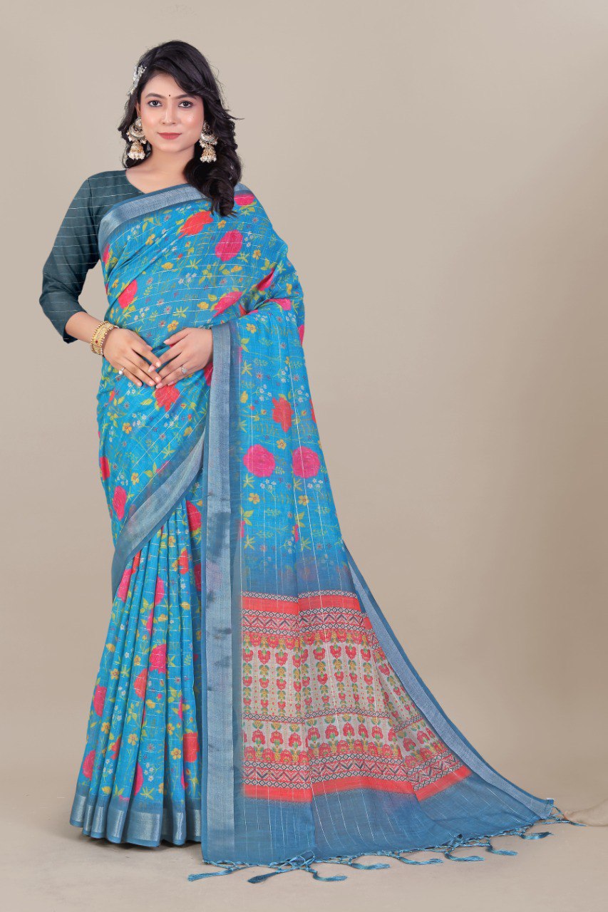 Pure Linen Cotton all Over Silver Lurex jari line with 3 × 3 Silver jari Borders