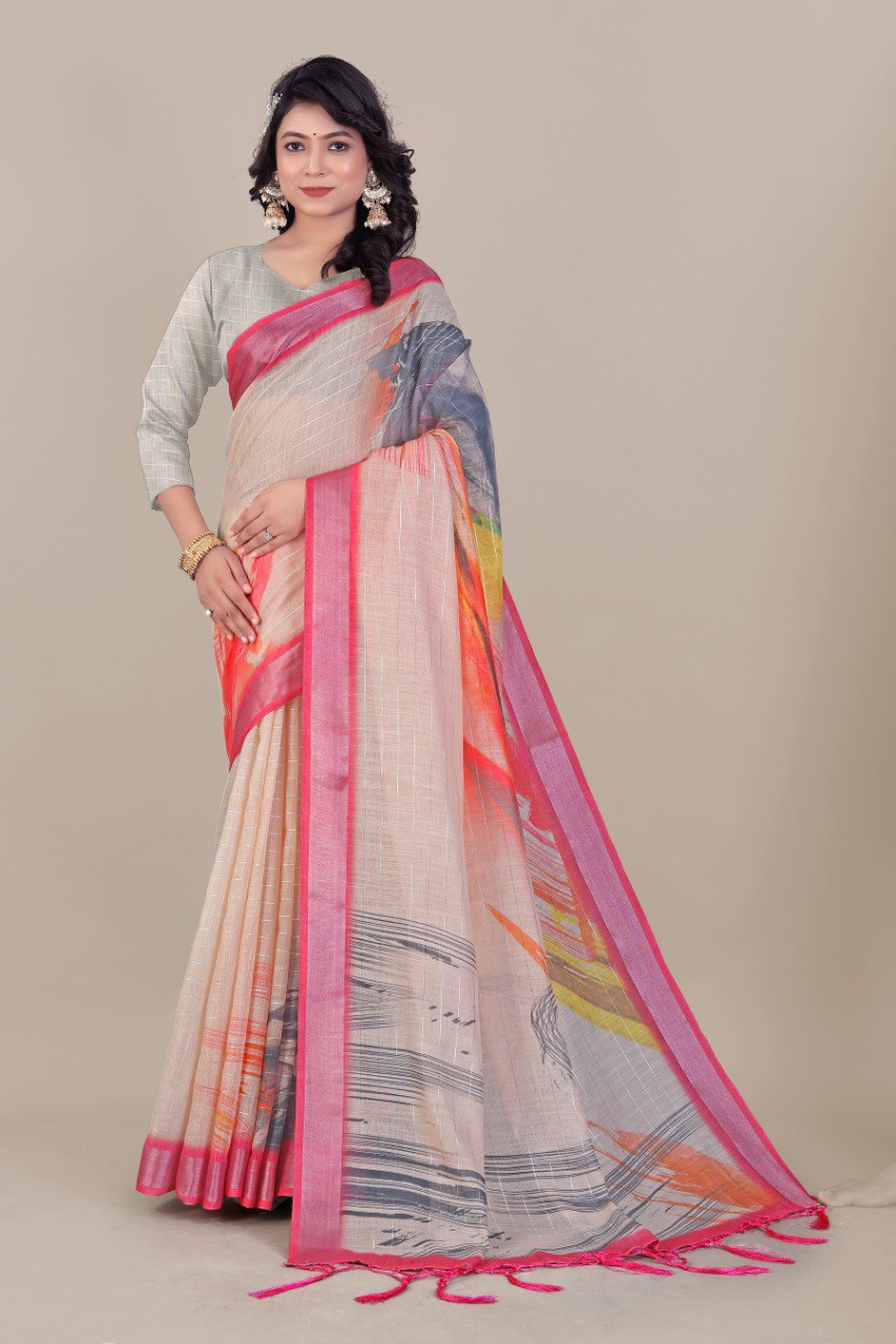 Pure Linen Cotton all Over Silver Lurex jari line with Silver jari Borders