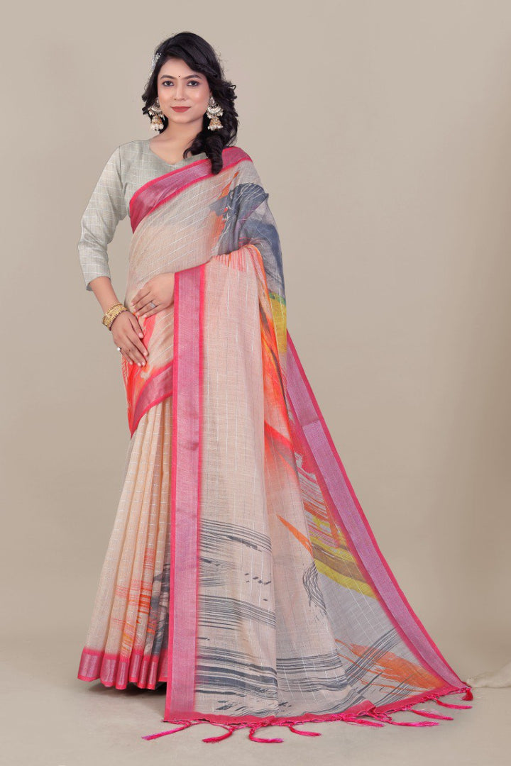 Pure Linen Cotton all Over Silver Lurex jari line with Silver jari Borders