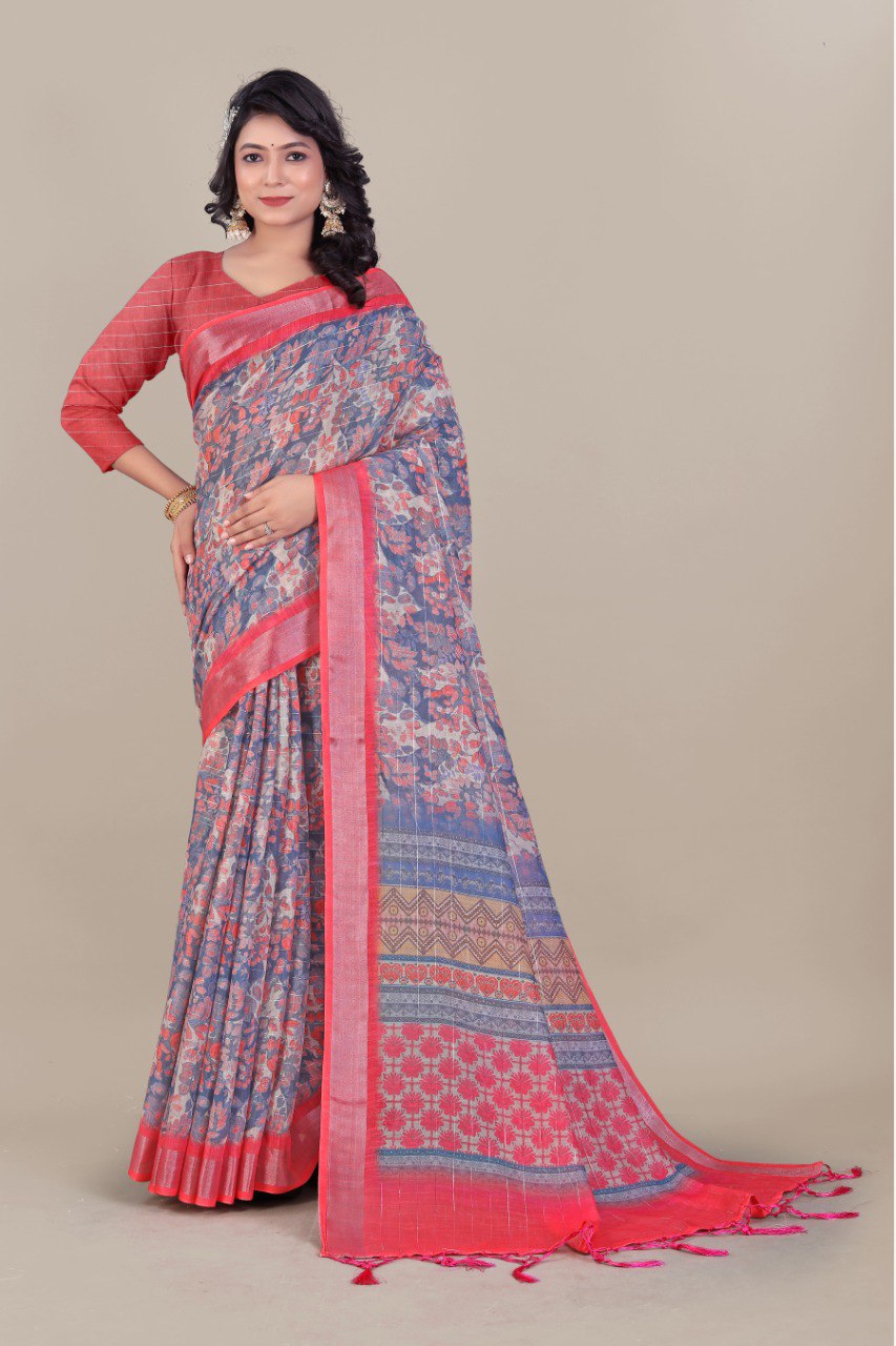 Banzaran  Designer Linen Cotton Saree with Silver Lurex Weave & Handmade Zalar