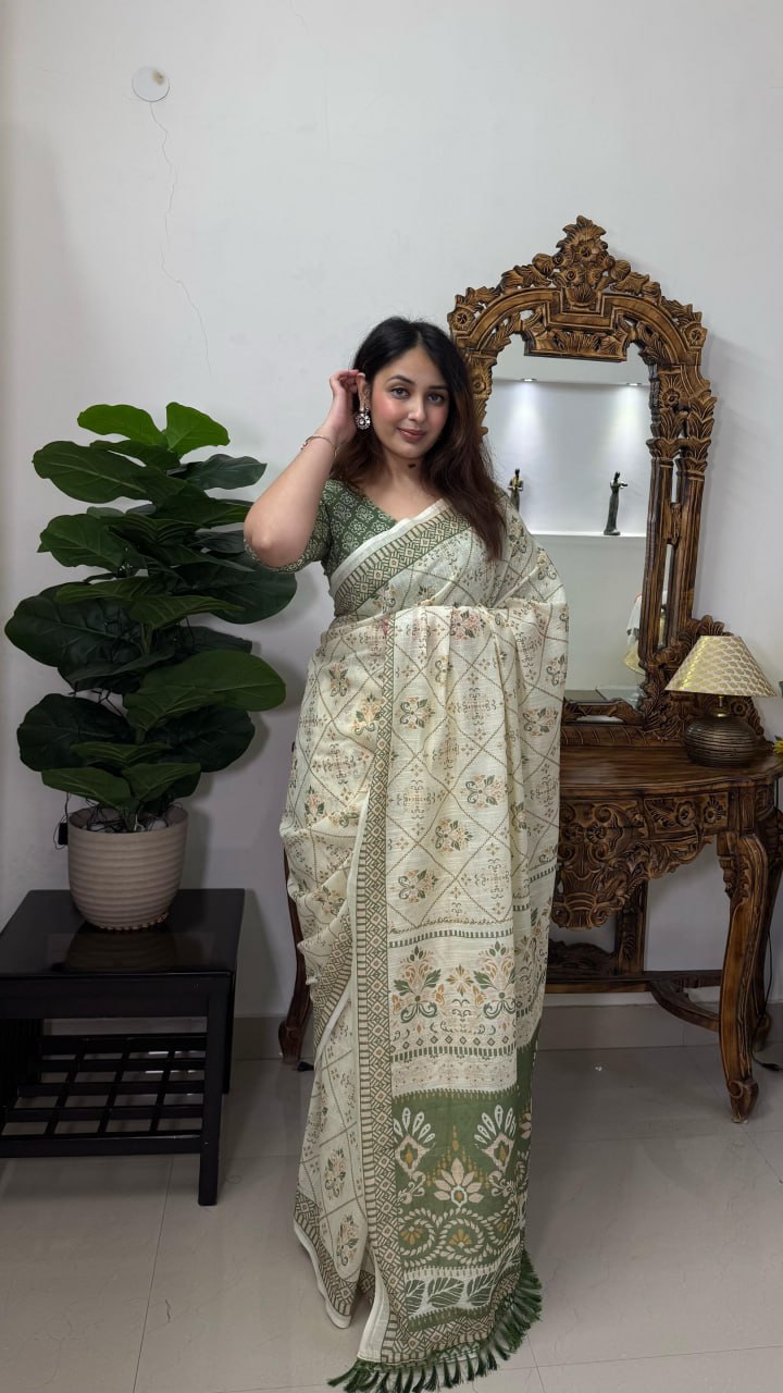 Banzaran Pure Linen Cotton Saree with Silver Lurex Lines & Handmade Zalar Pallu