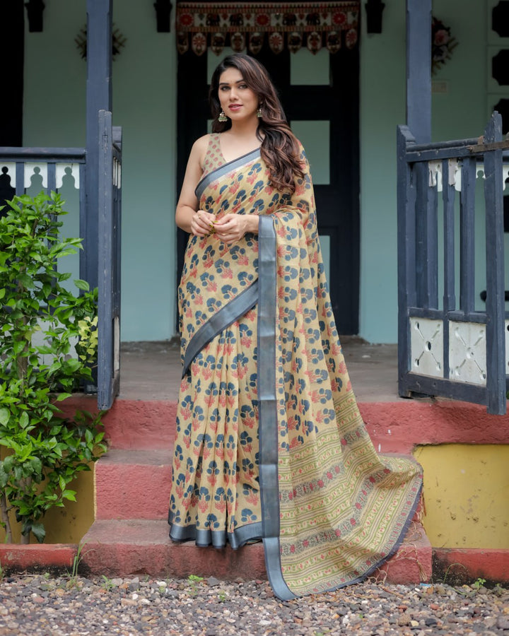 Olive Bloom Linen Cotton Saree with Floral Print & Woven Border