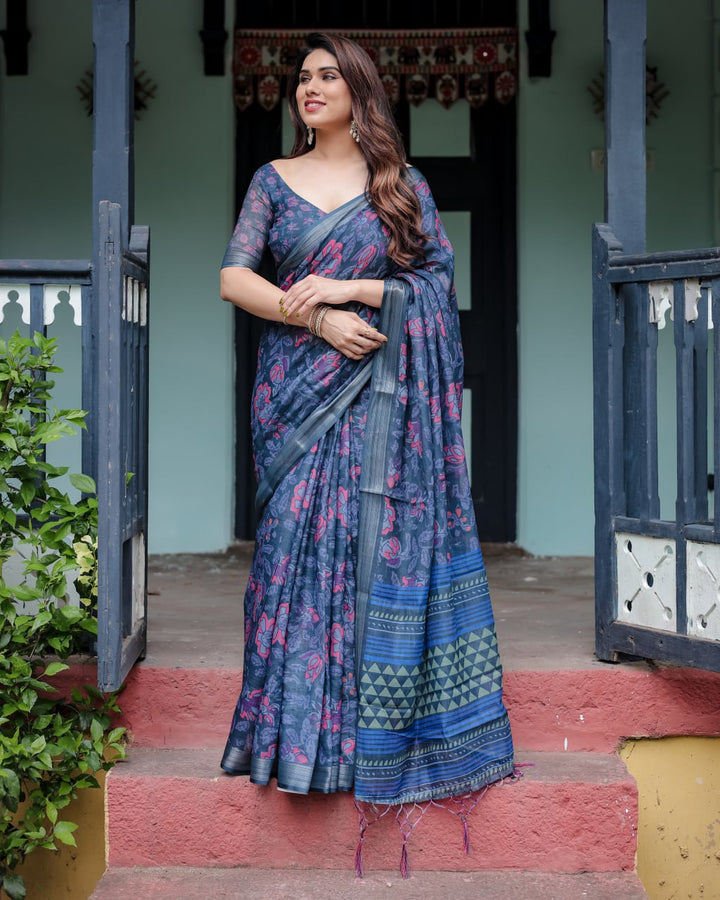 Indigo BloomBloom  Linen Cotton Saree  with Designer Pallu