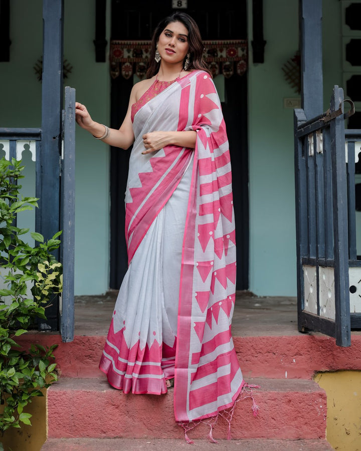 Contemporary White & Hot Pink Geometric Print Linen Cotton Saree