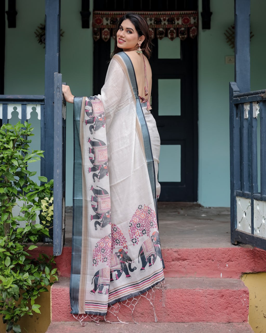 Traditional Off-White Linen Cotton Saree with Elephant Print saree