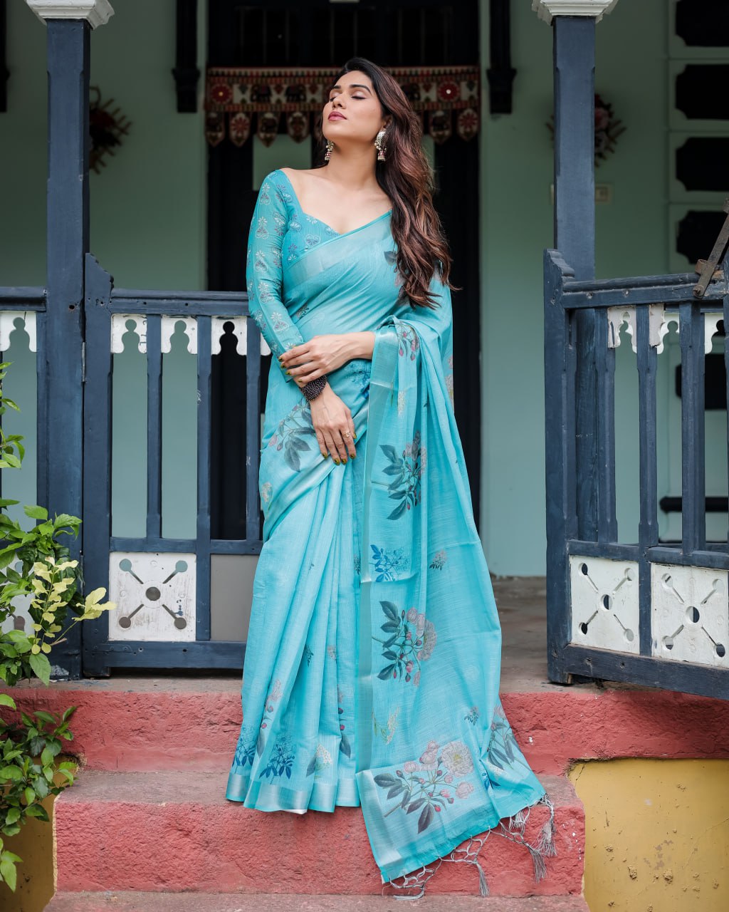 Premium Linen Cotton in Vibrant Aqua Blue Floral Print  Saree with Designer Pallu