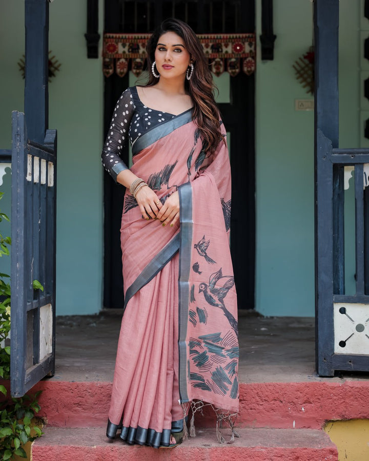 Artistic Dusty Rose Linen Cotton Saree with Contemporary Bird Print