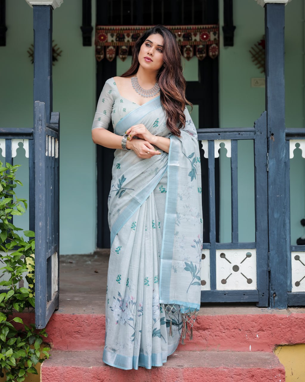 Festive Wear and  Elegant Light Slate Blue Floral Print Linen Cotton Saree