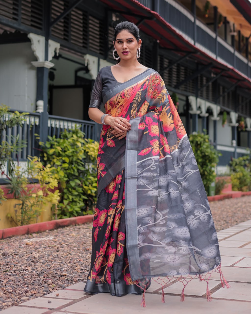Premium Black & Multicolor Floral Linen Cotton Saree
