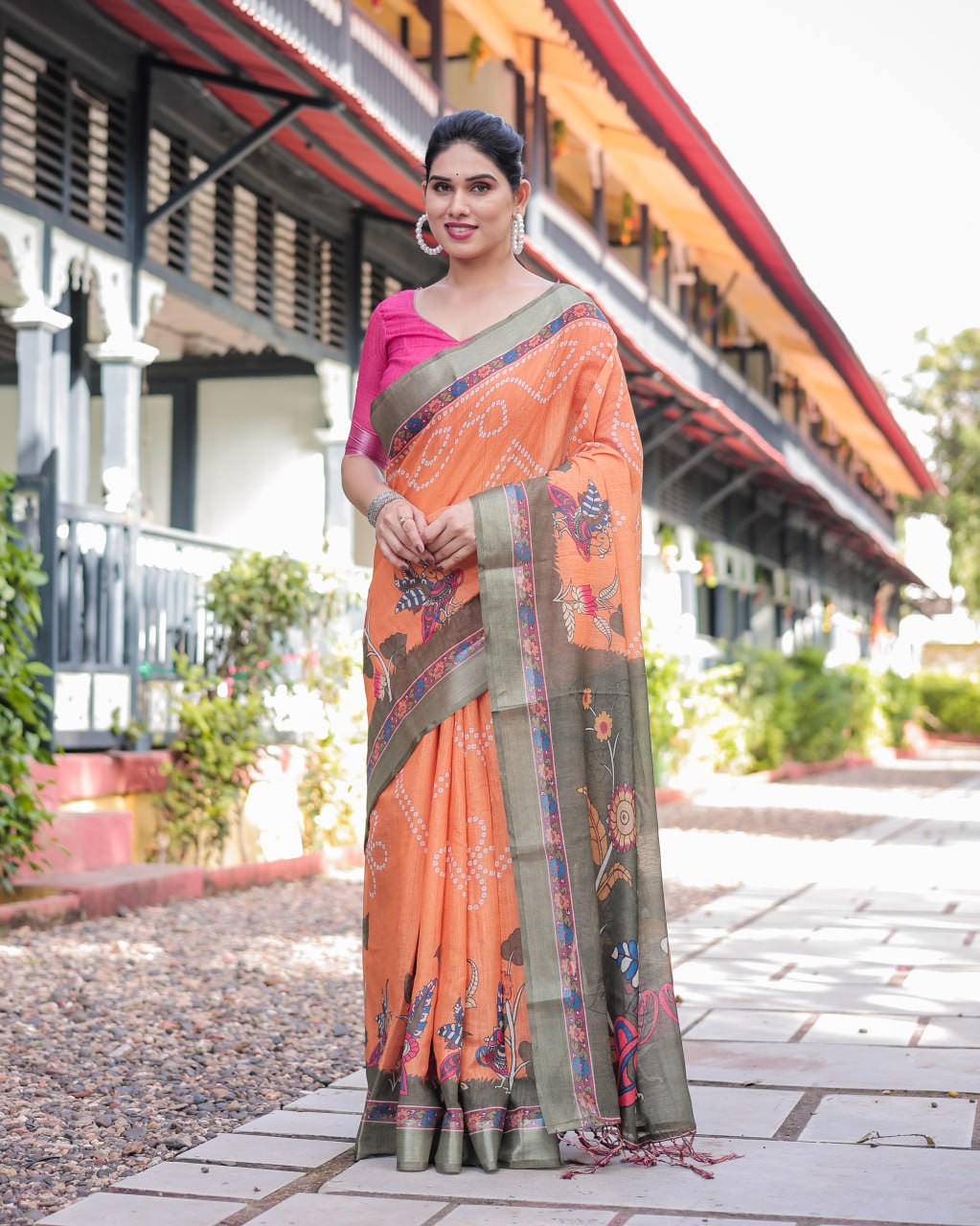 Vibrant Orange Bandhani & Kalamkari Fusion Print Linen Cotton Saree