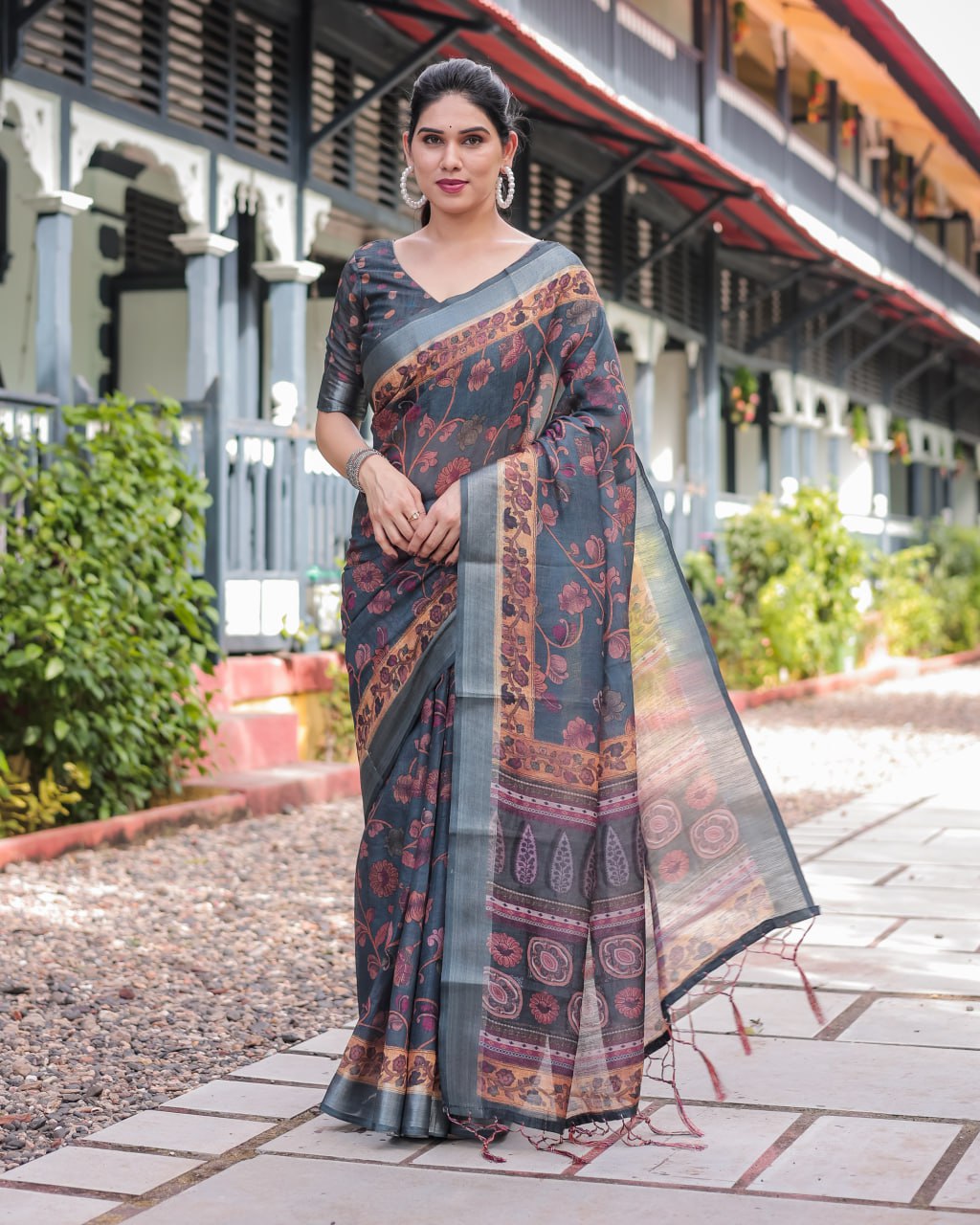 Elegant Charcoal Grey Floral Print Linen Cotton Saree