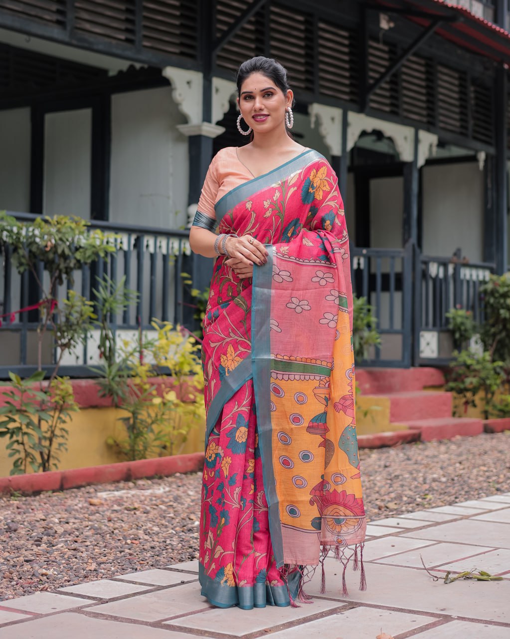 remium Festive Multicolor Artistic Print Linen Cotton Saree