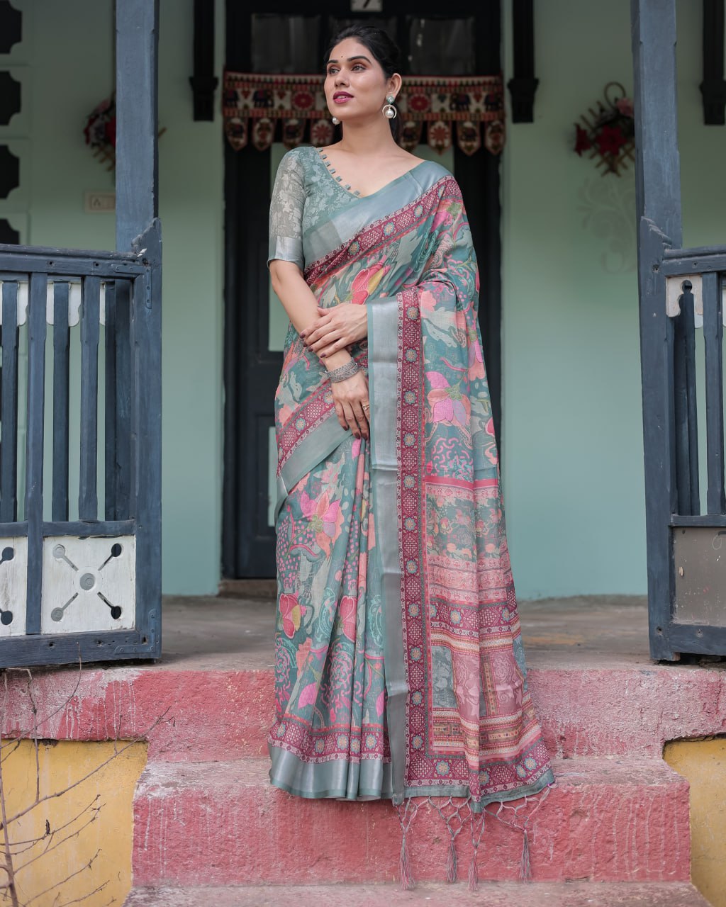 Premium Multi-Color Ethnic Print Linen Cotton Saree