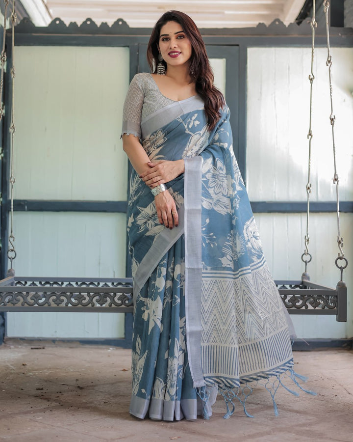 Premium Blue Floral Linen Cotton Saree