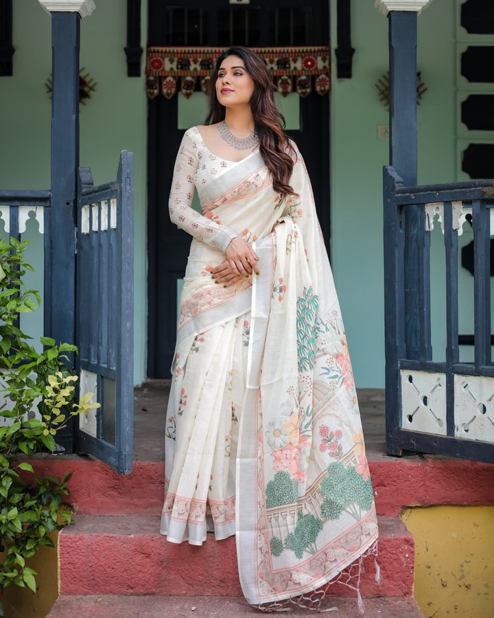 Elegant Floral Linen Cotton Saree