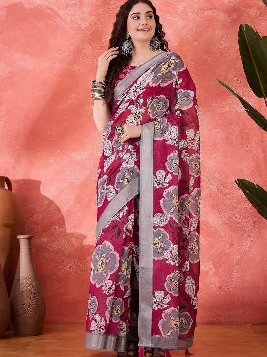 Bold Magenta Floral Digital Print Linen Cotton Saree