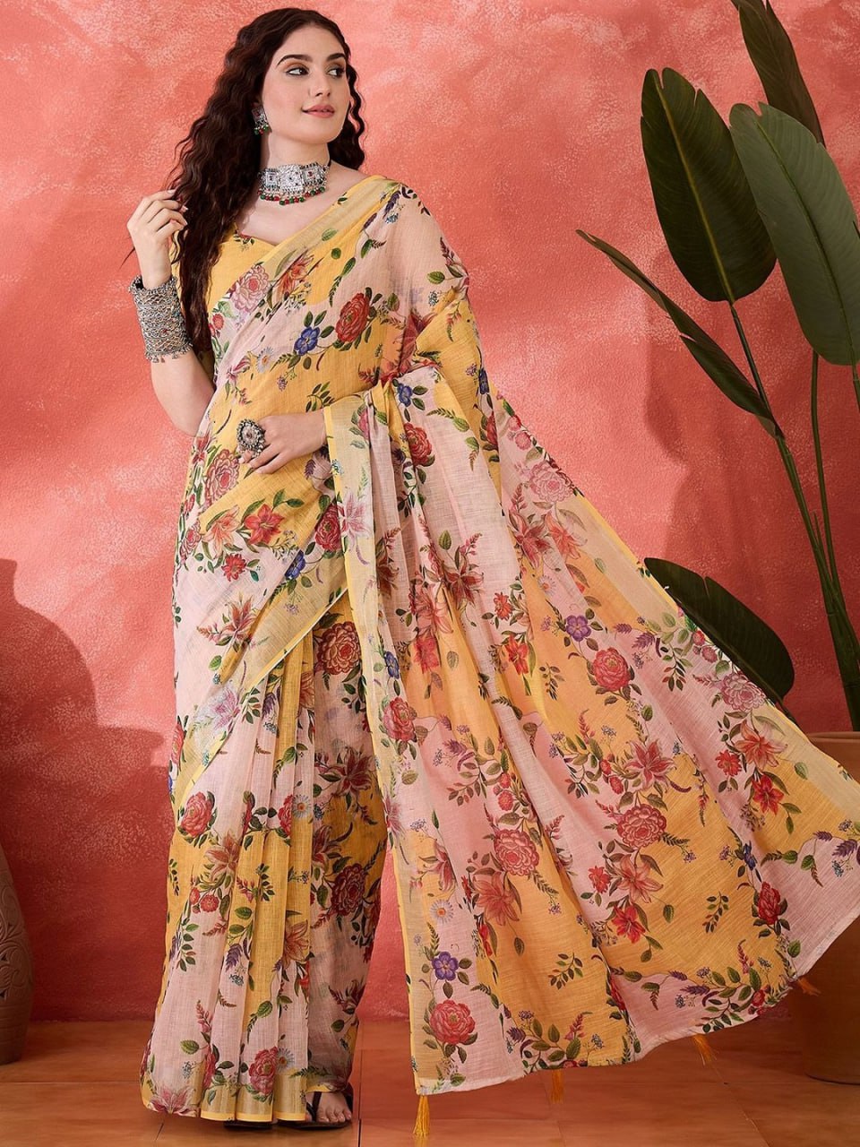 Summer Garden Floral Digital Print Linen Cotton Saree